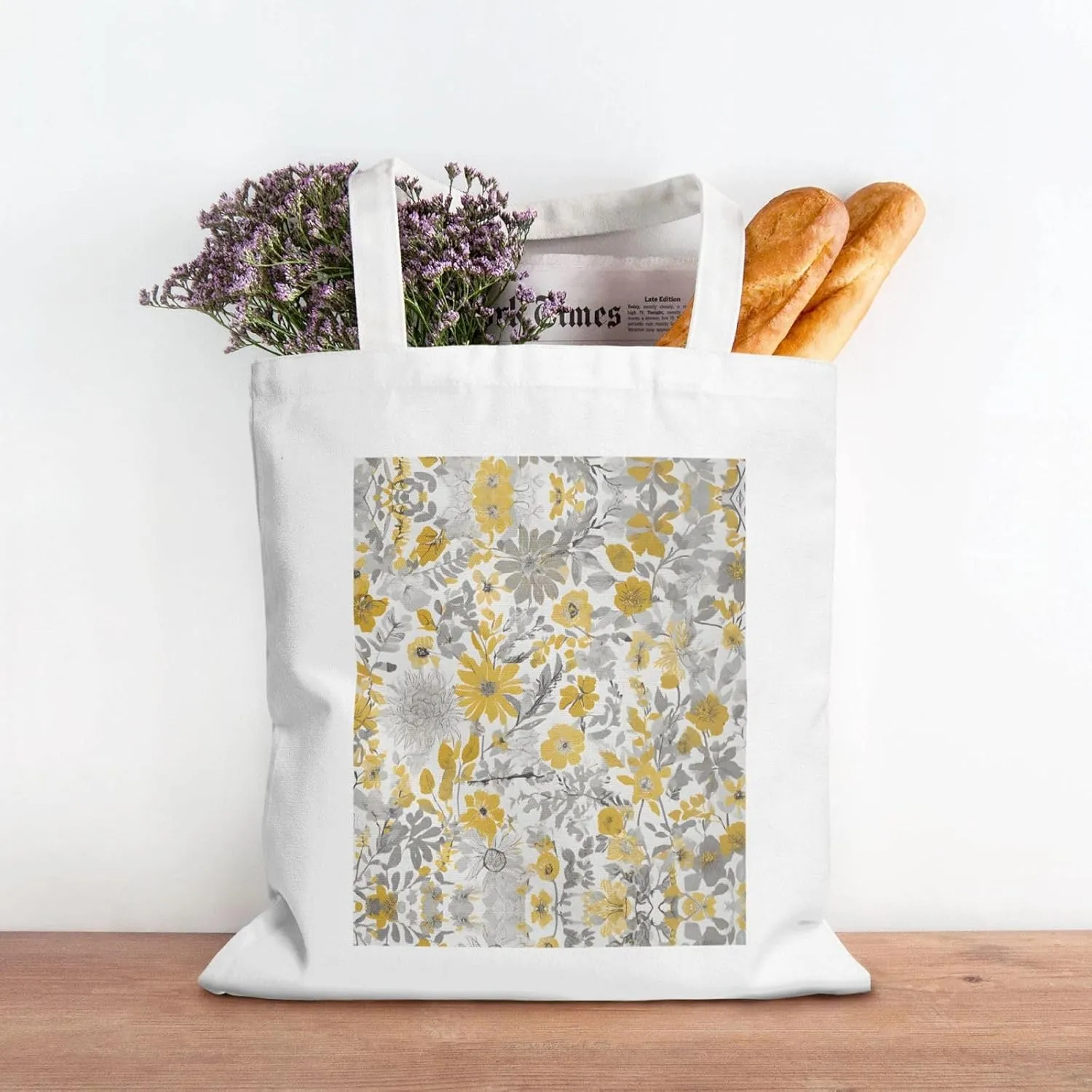 Yellow Gray Flower Print Canvas Shopping Bag Reusable Eco-Friendly Handbag With Large Capacity For Everyday Use