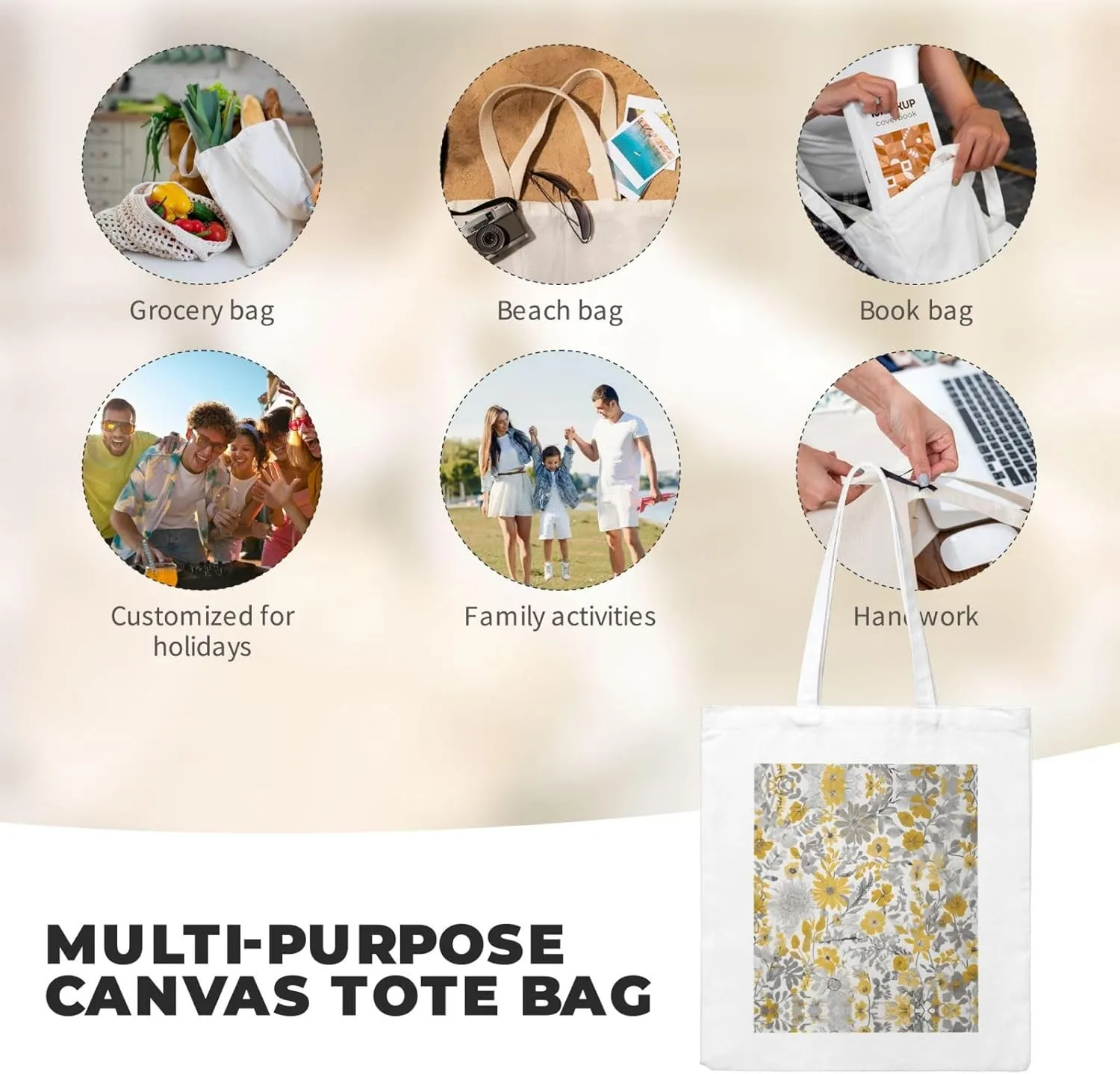 Yellow Gray Flower Print Canvas Shopping Bag Reusable Eco-Friendly Handbag With Large Capacity For Everyday Use