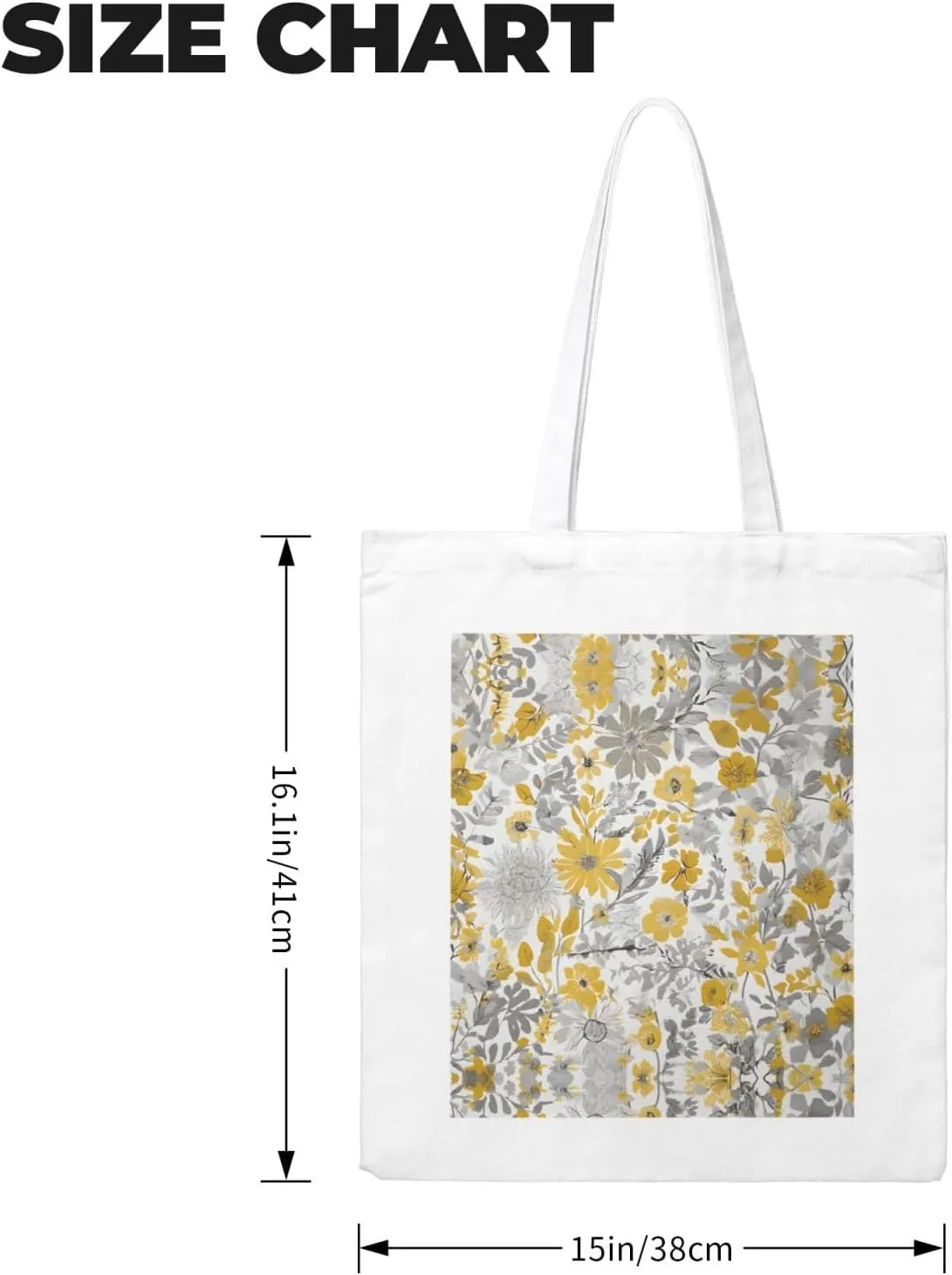 Yellow Gray Flower Print Canvas Shopping Bag Reusable Eco-Friendly Handbag With Large Capacity For Everyday Use