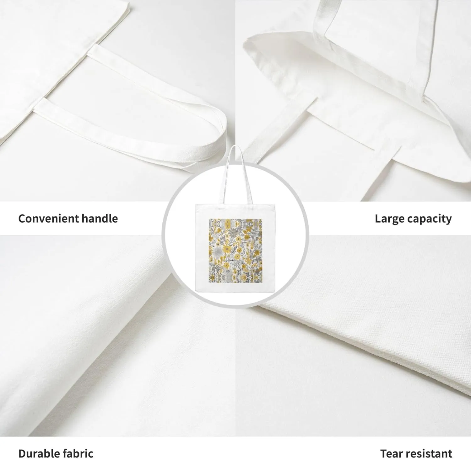 Yellow Gray Flower Print Canvas Shopping Bag Reusable Eco-Friendly Handbag With Large Capacity For Everyday Use