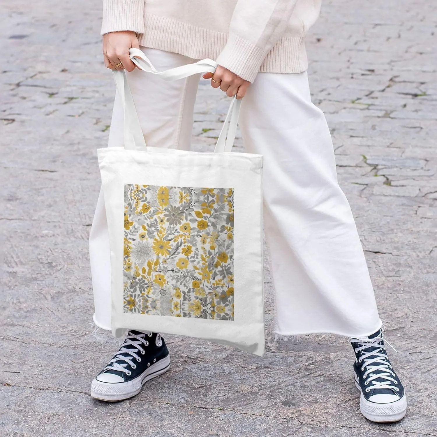 Yellow Gray Flower Print Canvas Shopping Bag Reusable Eco-Friendly Handbag With Large Capacity For Everyday Use