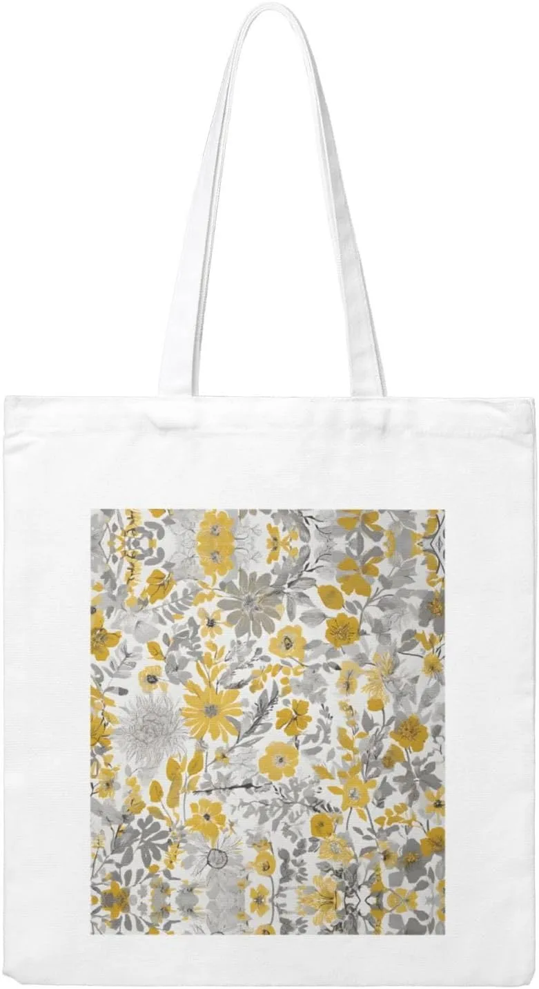 Yellow Gray Flower Print Canvas Shopping Bag Reusable Eco-Friendly Handbag With Large Capacity For Everyday Use
