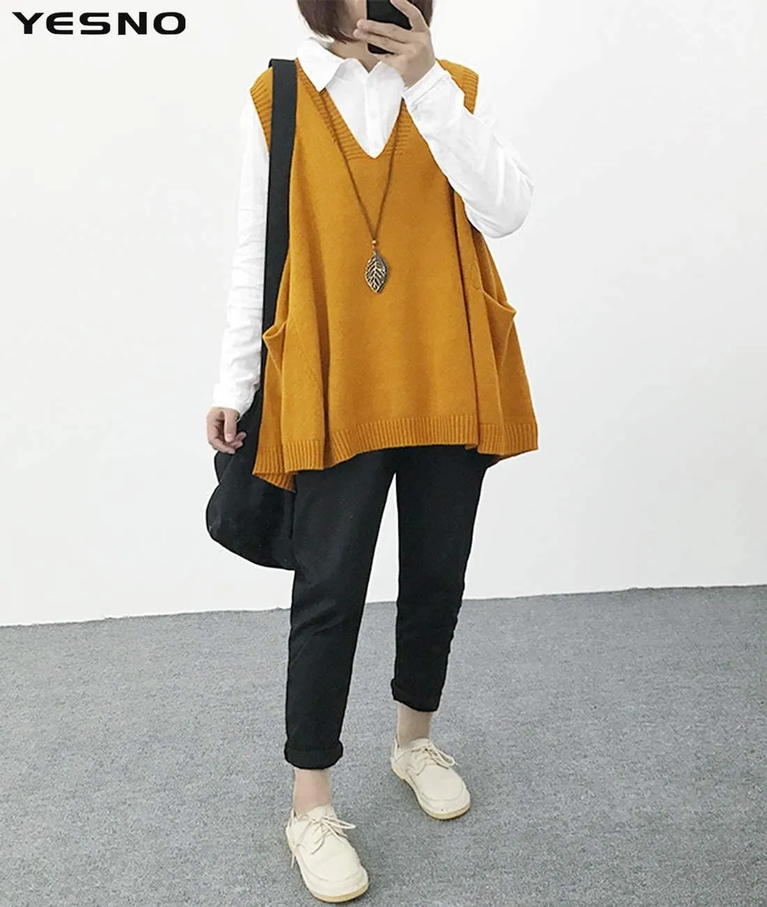 YESNO Sweater Vest Women Loose Swing Cotton Cute Oversized Knit Pullover Sleeveless Sweater Tops with Drop Pockets WM9