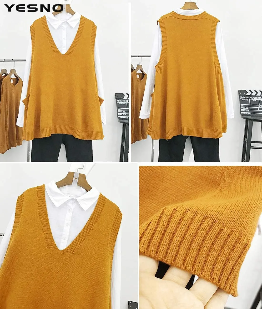 YESNO Sweater Vest Women Loose Swing Cotton Cute Oversized Knit Pullover Sleeveless Sweater Tops with Drop Pockets WM9