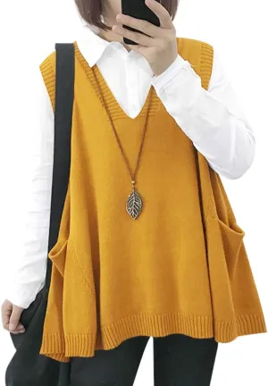 YESNO Sweater Vest Women Loose Swing Cotton Cute Oversized Knit Pullover Sleeveless Sweater Tops with Drop Pockets WM9