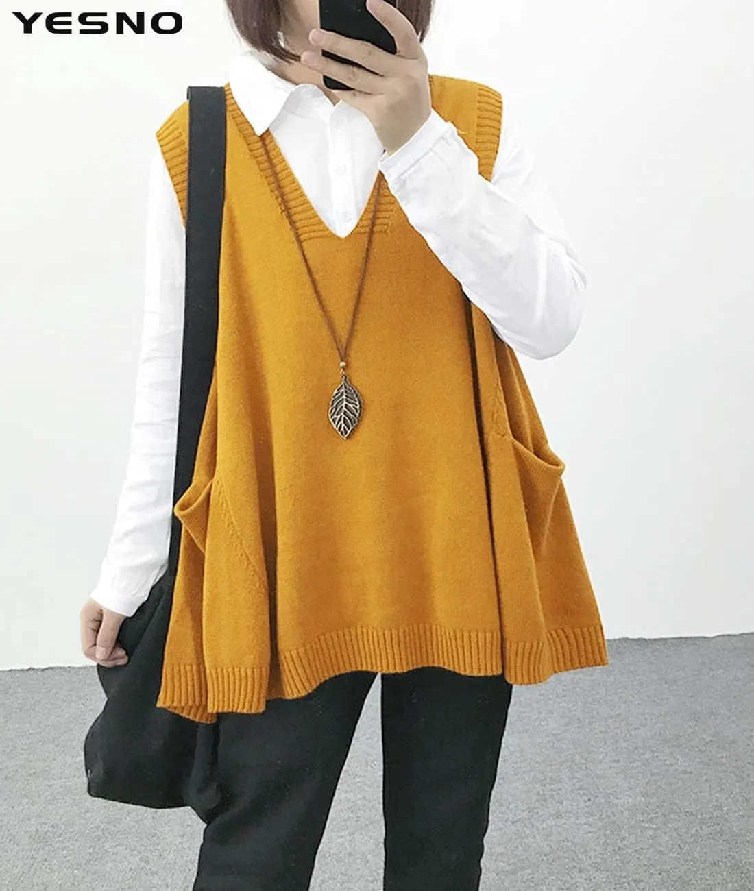 YESNO Sweater Vest Women Loose Swing Cotton Cute Oversized Knit Pullover Sleeveless Sweater Tops with Drop Pockets WM9