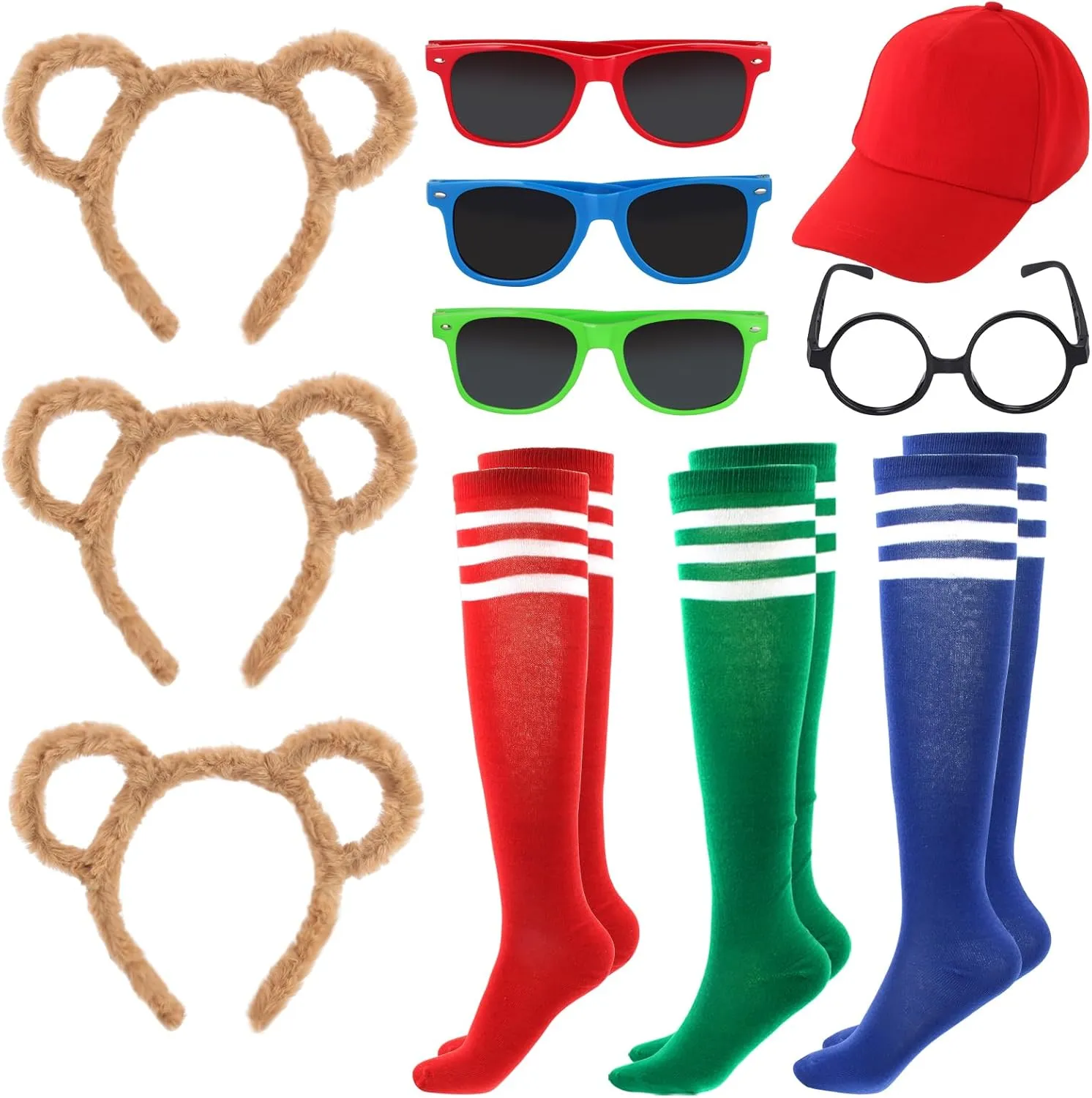 Yewong 11 Pieces Halloween Animal Costumes Set Include 3 Ears Headband 3 Sunglasses 3 Knee-High Socks 1 Red Hat and 1 Round Frame Glasses for Teens Adults Halloween Party