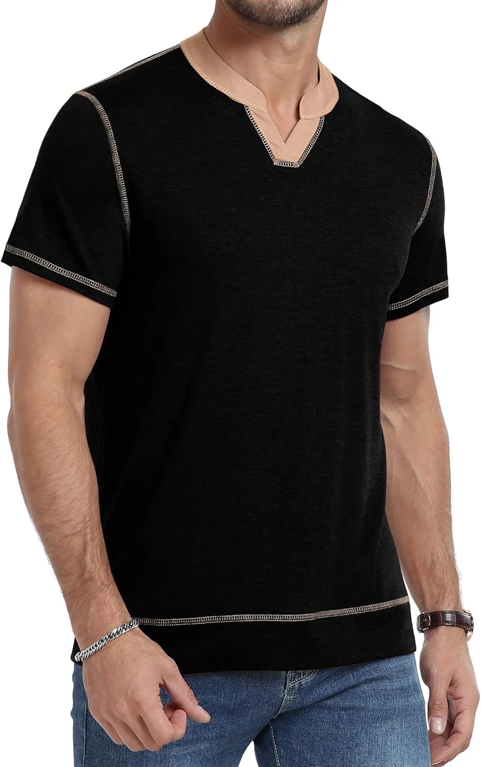 YTD Mens Henley Shirts Short Sleeve Casual V Neck Basic Tee Shirts Summer Vintage T-Shirts