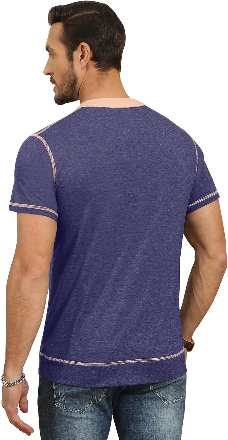 YTD Mens Henley Shirts Short Sleeve Casual V Neck Basic Tee Shirts Summer Vintage T-Shirts