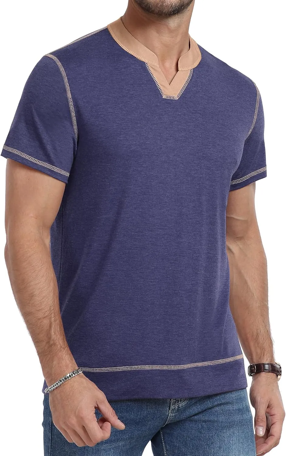 YTD Mens Henley Shirts Short Sleeve Casual V Neck Basic Tee Shirts Summer Vintage T-Shirts