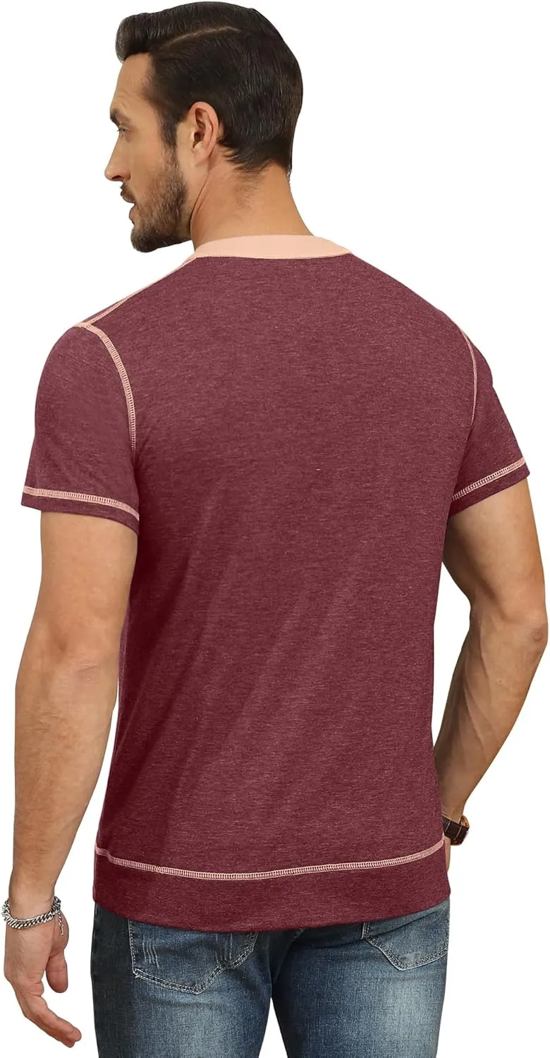 YTD Mens Henley Shirts Short Sleeve Casual V Neck Basic Tee Shirts Summer Vintage T-Shirts