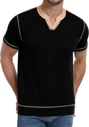 YTD Mens Henley Shirts Short Sleeve Casual V Neck Basic Tee Shirts Summer Vintage T-Shirts