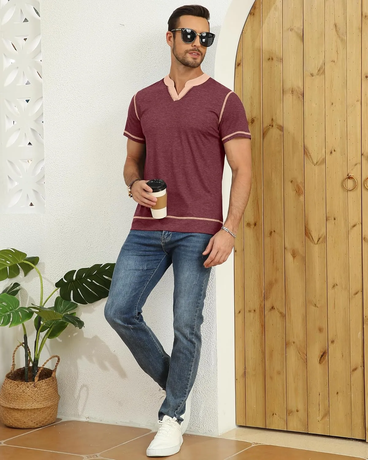 YTD Mens Henley Shirts Short Sleeve Casual V Neck Basic Tee Shirts Summer Vintage T-Shirts