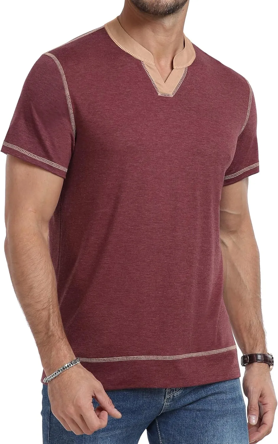 YTD Mens Henley Shirts Short Sleeve Casual V Neck Basic Tee Shirts Summer Vintage T-Shirts