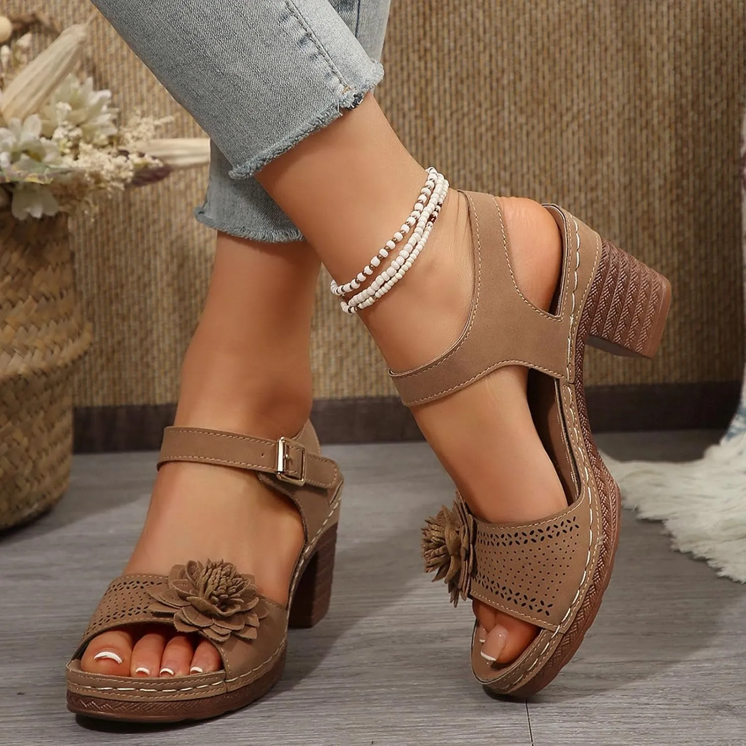 ZWRXW Open Toe Wedge Sandals for Womens Flower Buckle Ankle Strap Arch Support Orthopedic Wedge Casual Sandal Cute Fashion Dressy Bohemia Sandals Summer Comfortable Shoe