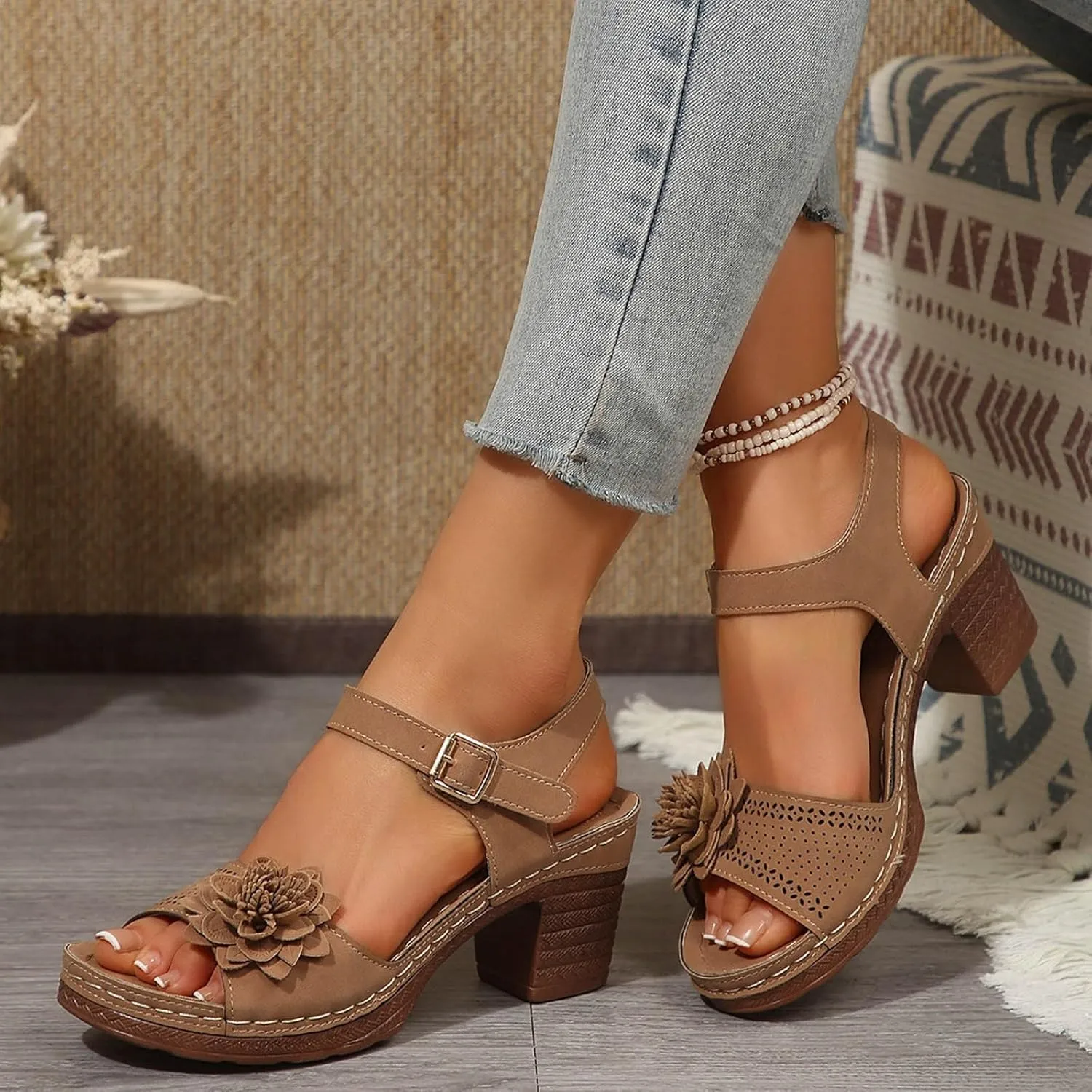 ZWRXW Open Toe Wedge Sandals for Womens Flower Buckle Ankle Strap Arch Support Orthopedic Wedge Casual Sandal Cute Fashion Dressy Bohemia Sandals Summer Comfortable Shoe