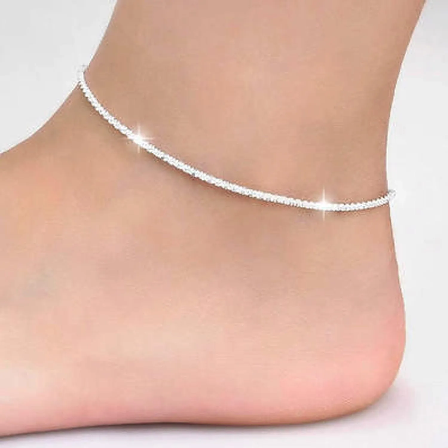 ZZSRJ Silver Plated Shiny Chain Anklet Ladies Friends Foot Jewelry Leg Bracelet Barefoot (Metal Color : Silver, Size : ONE)